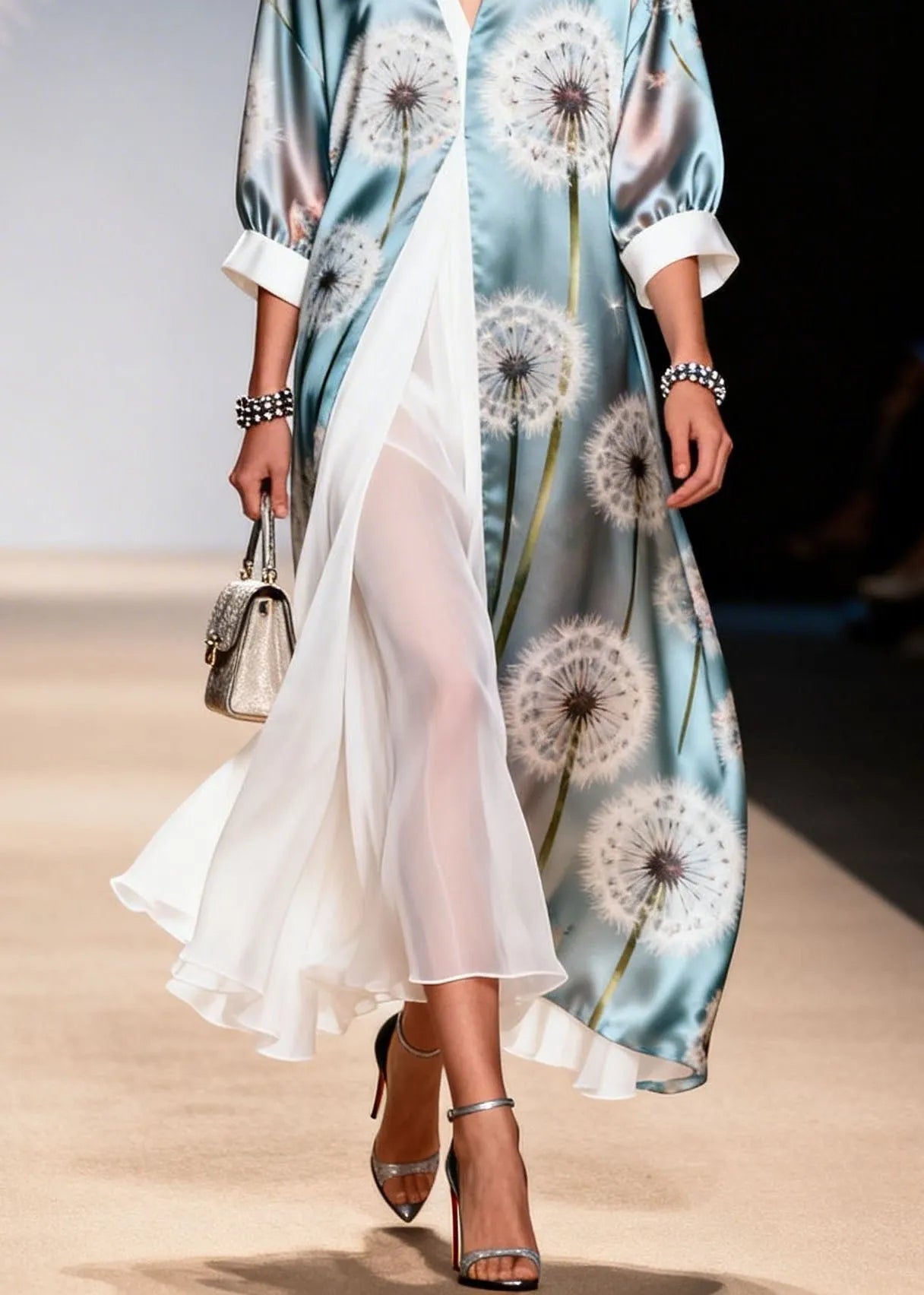 Style V Neck Print False Two Pieces Patchwork Silk Dresses Summer