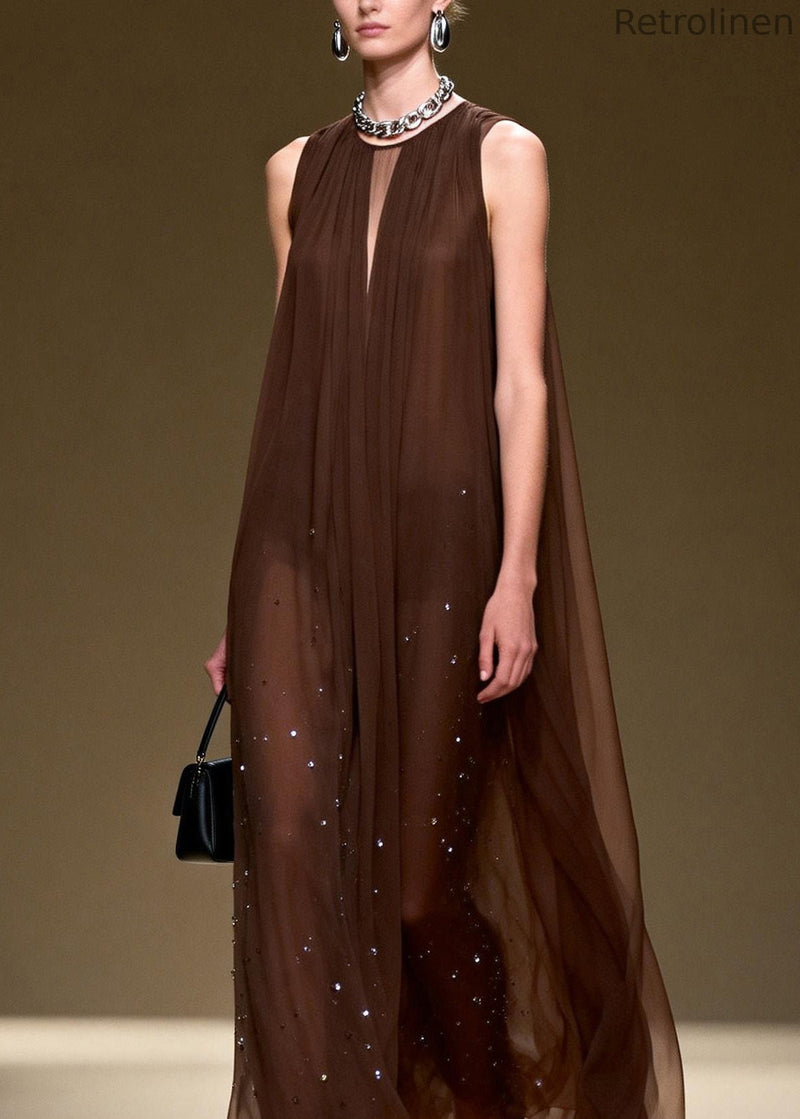 Style O Neck Wrinkled Zircon Chiffon Long Dresses Sleeveless