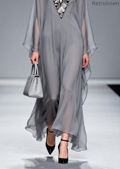 Grey V Neck Patchwork Chiffon Long Dress Spring