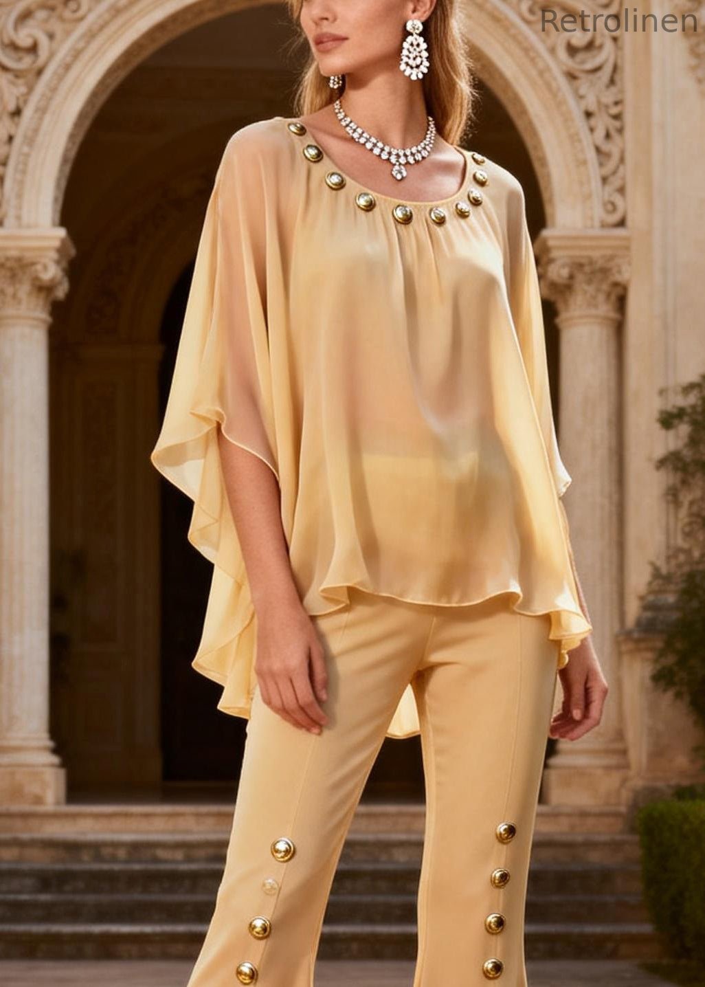 Yellow O-neck Rivet Chiffon Top and Flared Trousers Two Piece Set Flare Sleeve