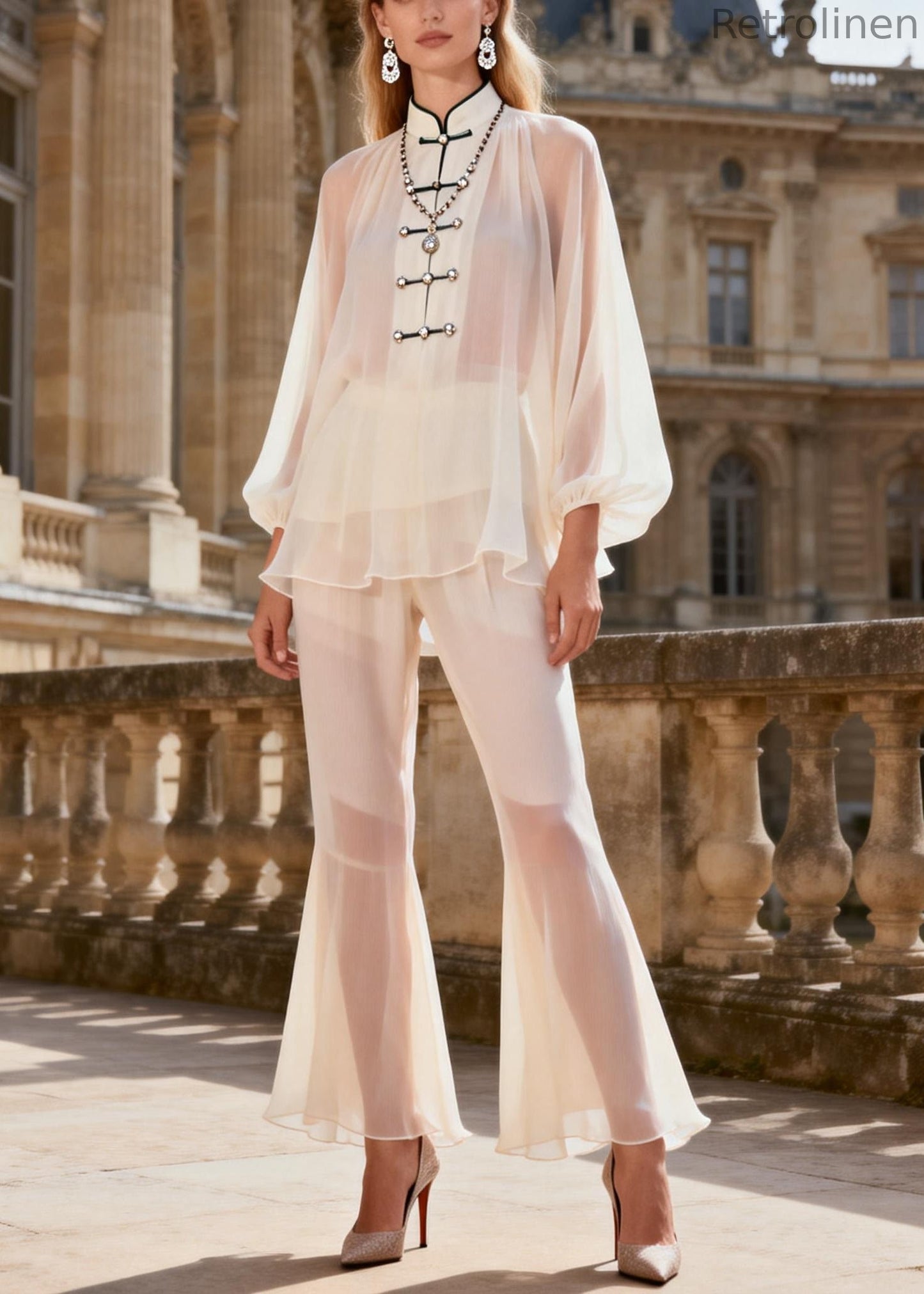 White Stand Collar Chiffon Shirts and Flared Trousers Two Pieces Set Lantern Sleeve