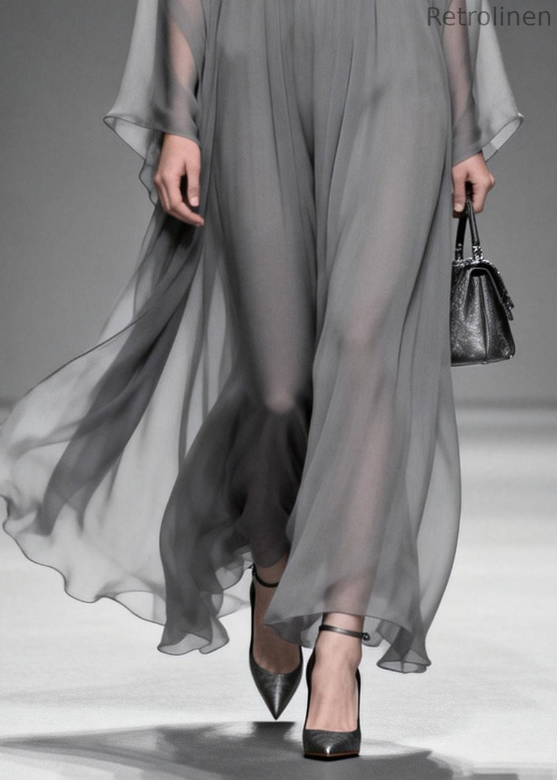 Grey V Neck Patchwork Chiffon Maxi Dress Summer