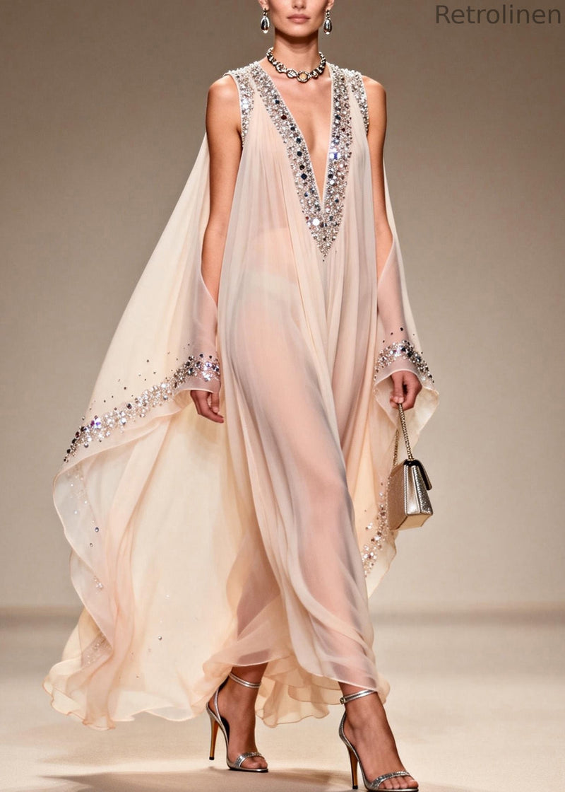 Fitted V Neck Cold Shoulder Zircon Chiffon Dress Summer
