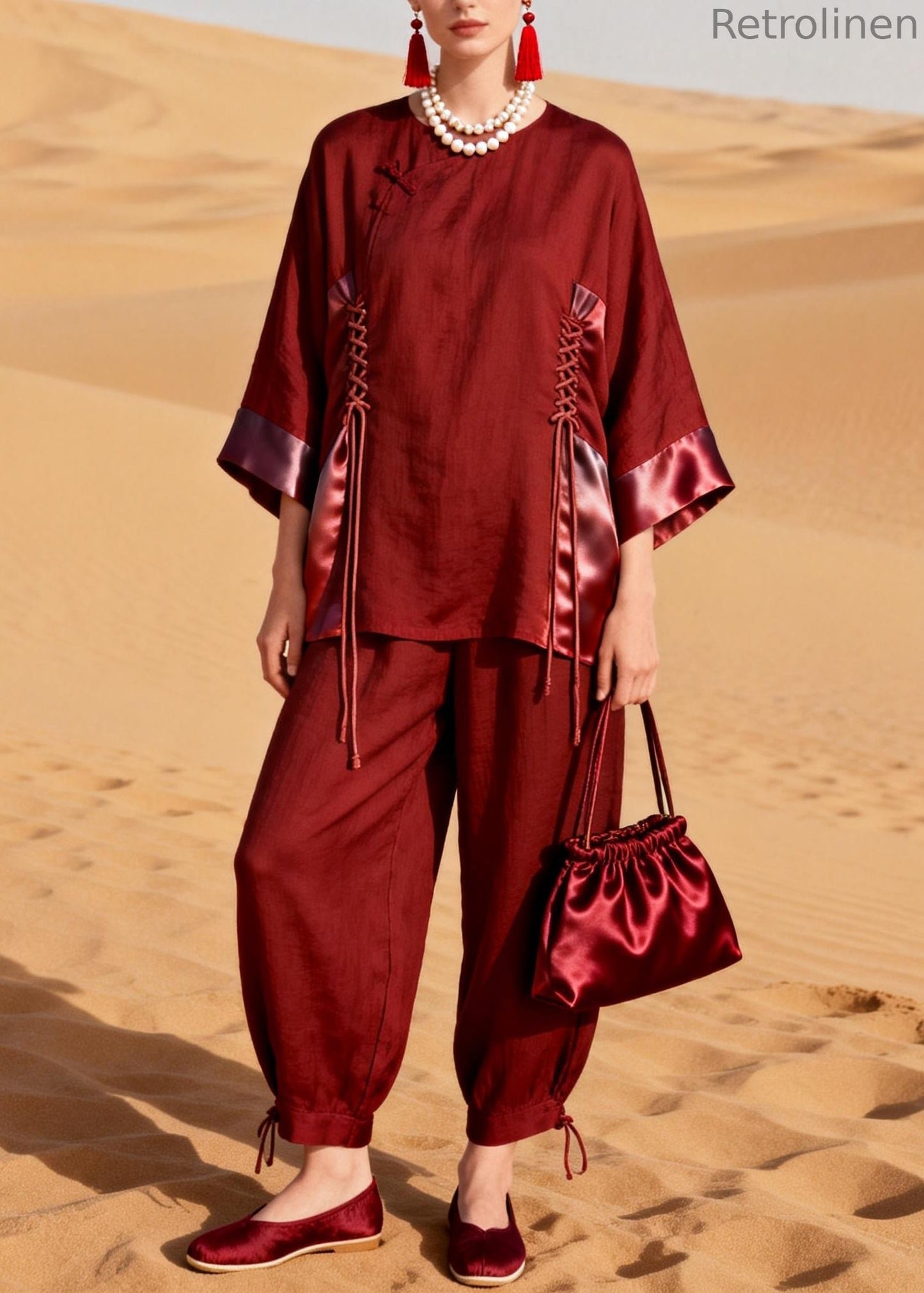 Modern Wine Red Drawstring Silk Patchwork Two Pieces Set Bracelet Sleeve