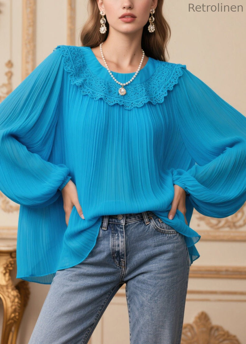 Blue Oversized Patchwork Lace Chiffon Pleated Blouses Spring