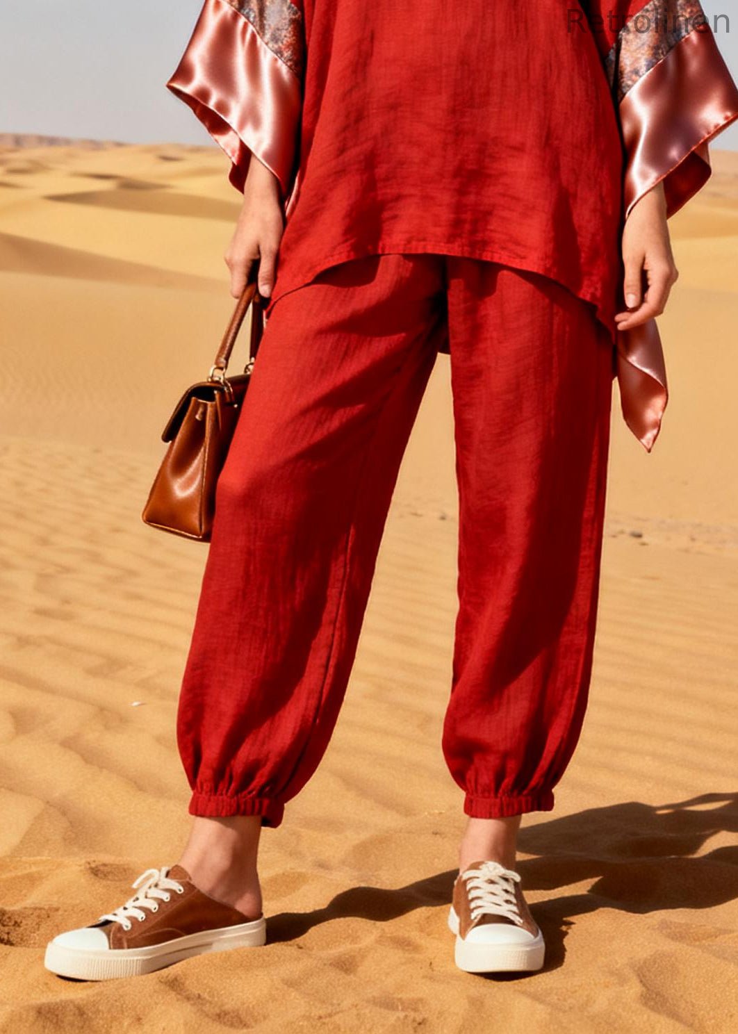 Red Oversized Patchwork Linen Silk Two Piece Suit Set Spring