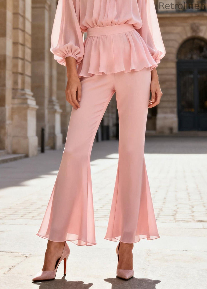 Pink O-neck Ruffled Patchwork Silk Two Piece Set Spring