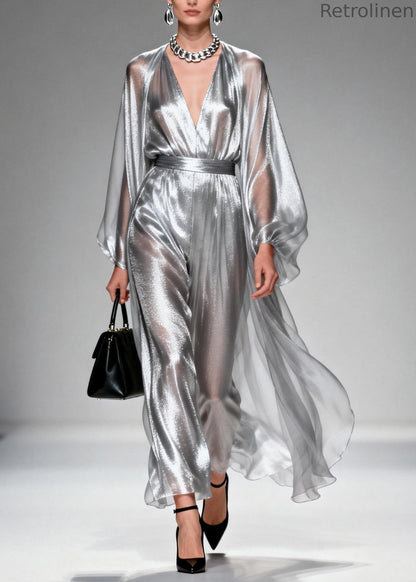 Silver V Neck Silk Long Dresses Spring