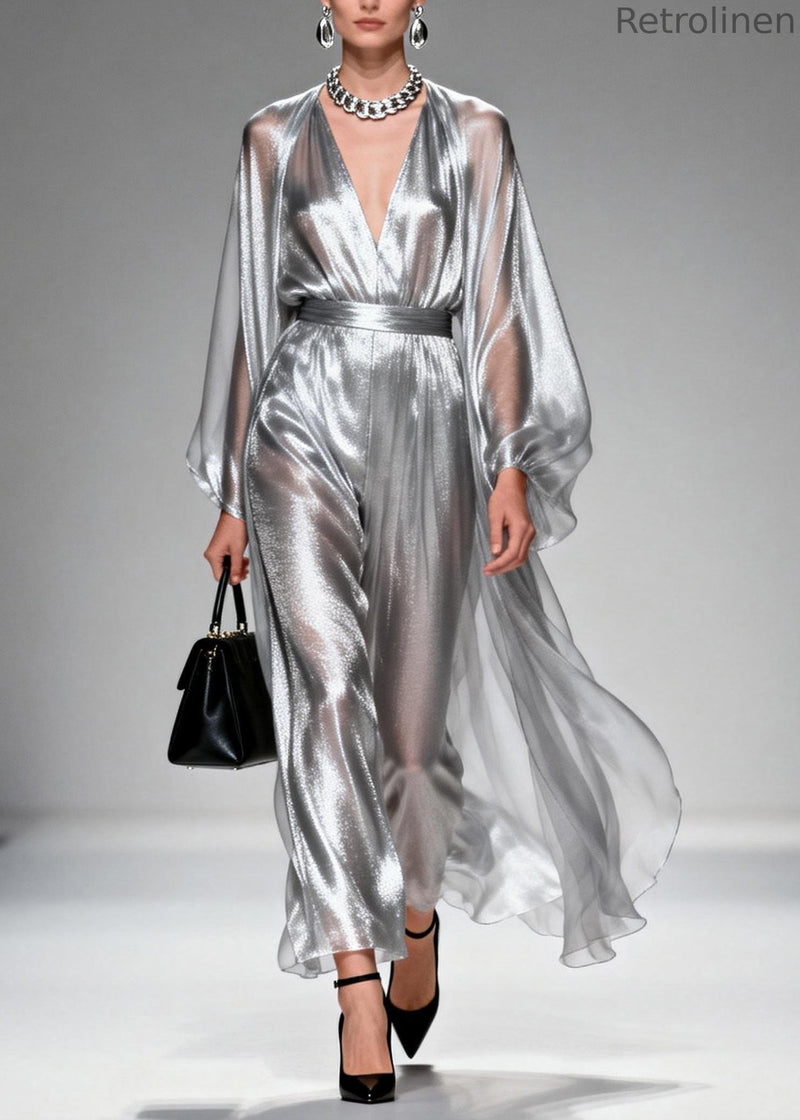 Silver V Neck Silk Long Dresses Spring