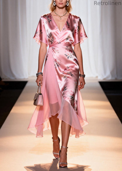 Pink V Neck Print Patchwork Silk Dresses Summer