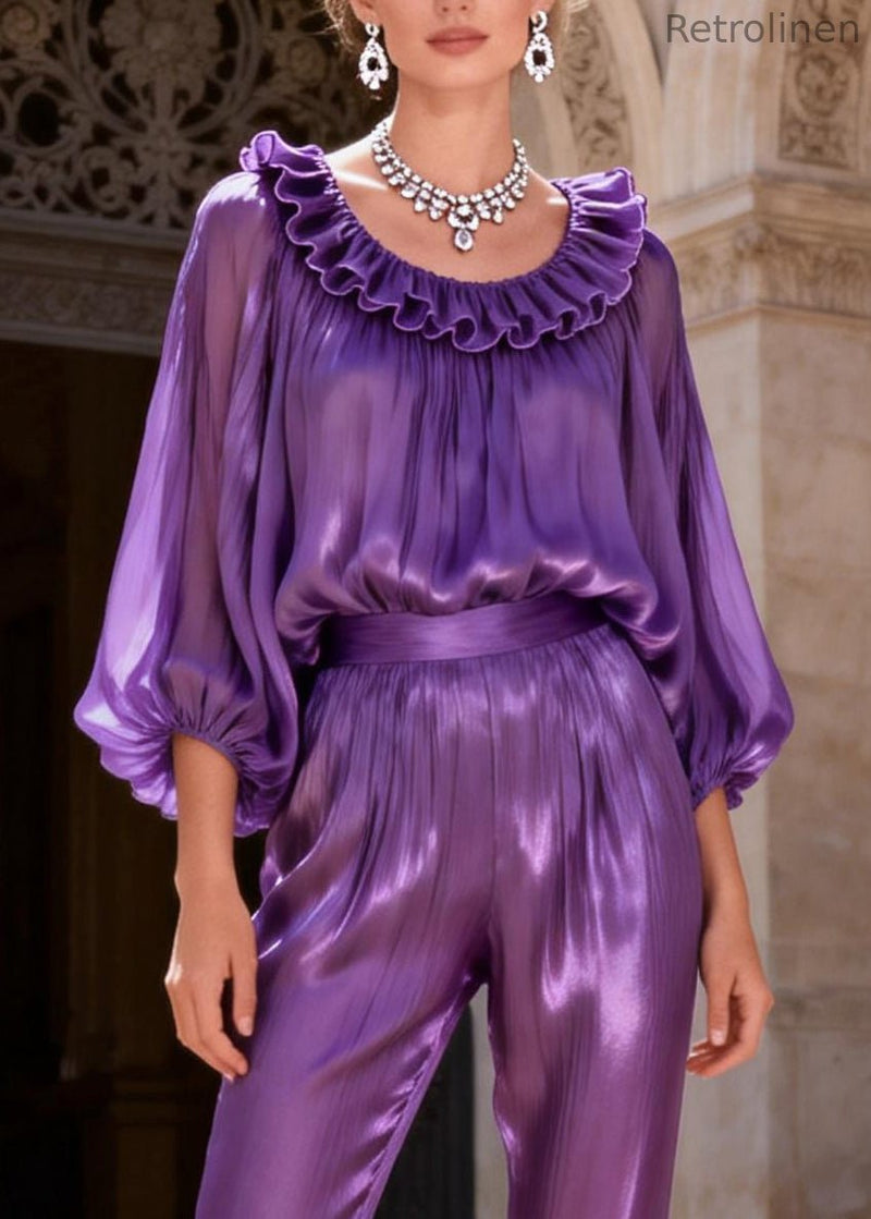 Purple High Waist Silk Two Pieces Set Ruffled Lantern Sleeve