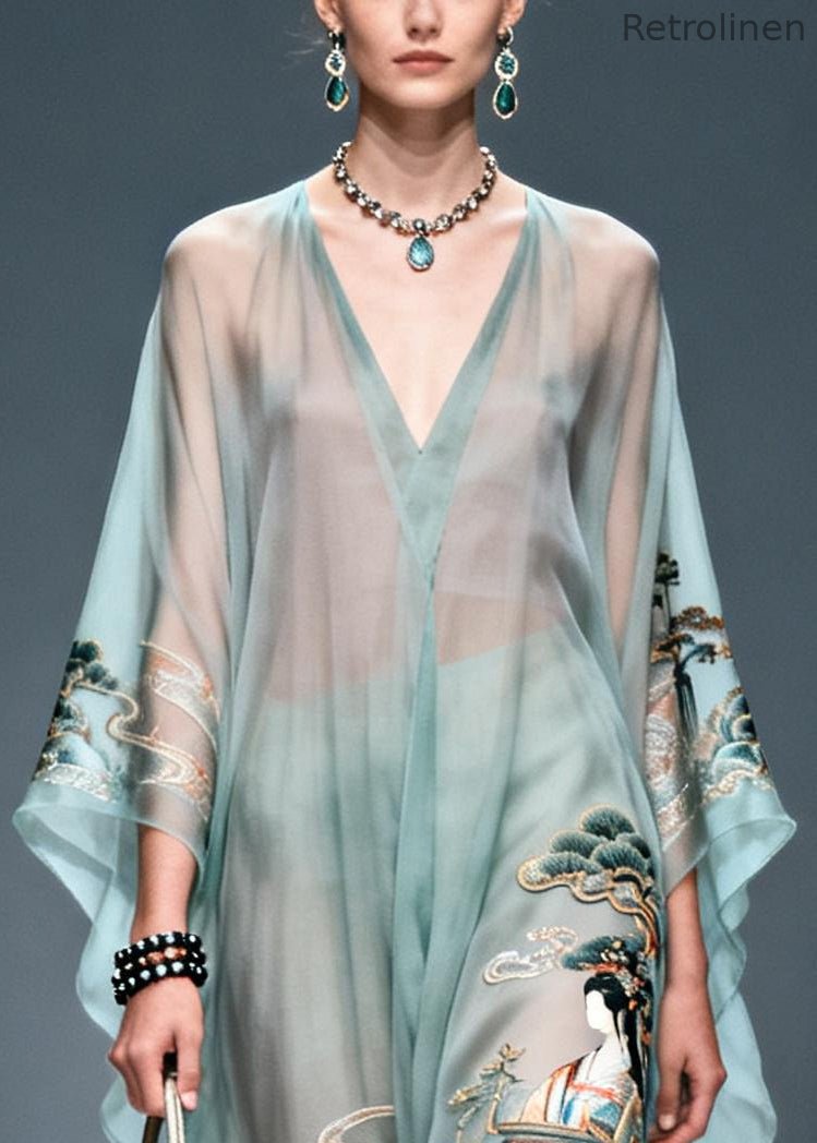 Blue Oversized Print Chiffon Long Dresses Summer