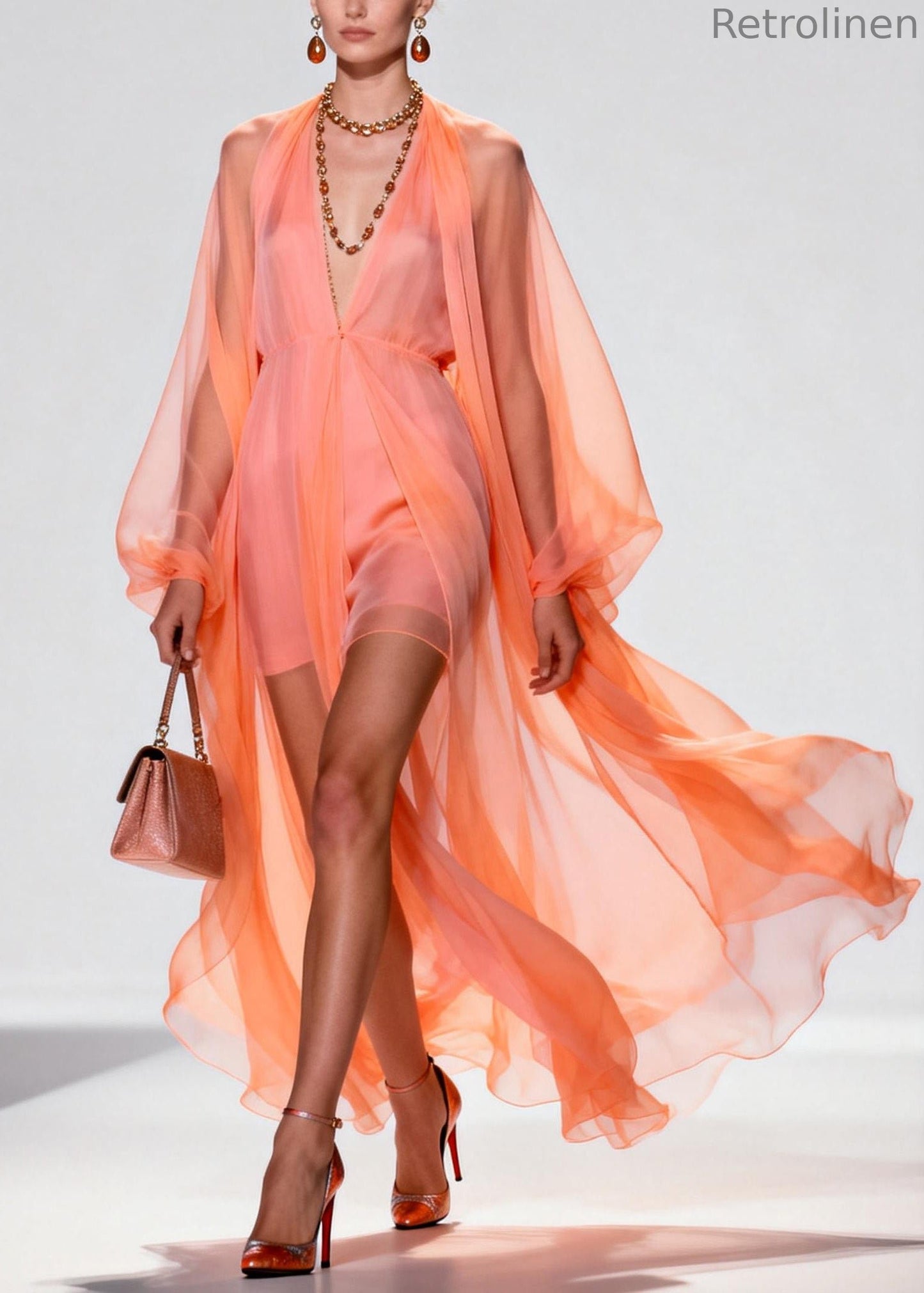 Orange V Neck Patchwork Chiffon Two Pieces Set Summer