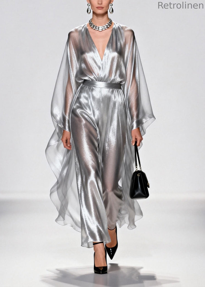 Silvery Tunic Draping Chiffon Long Dress Summer
