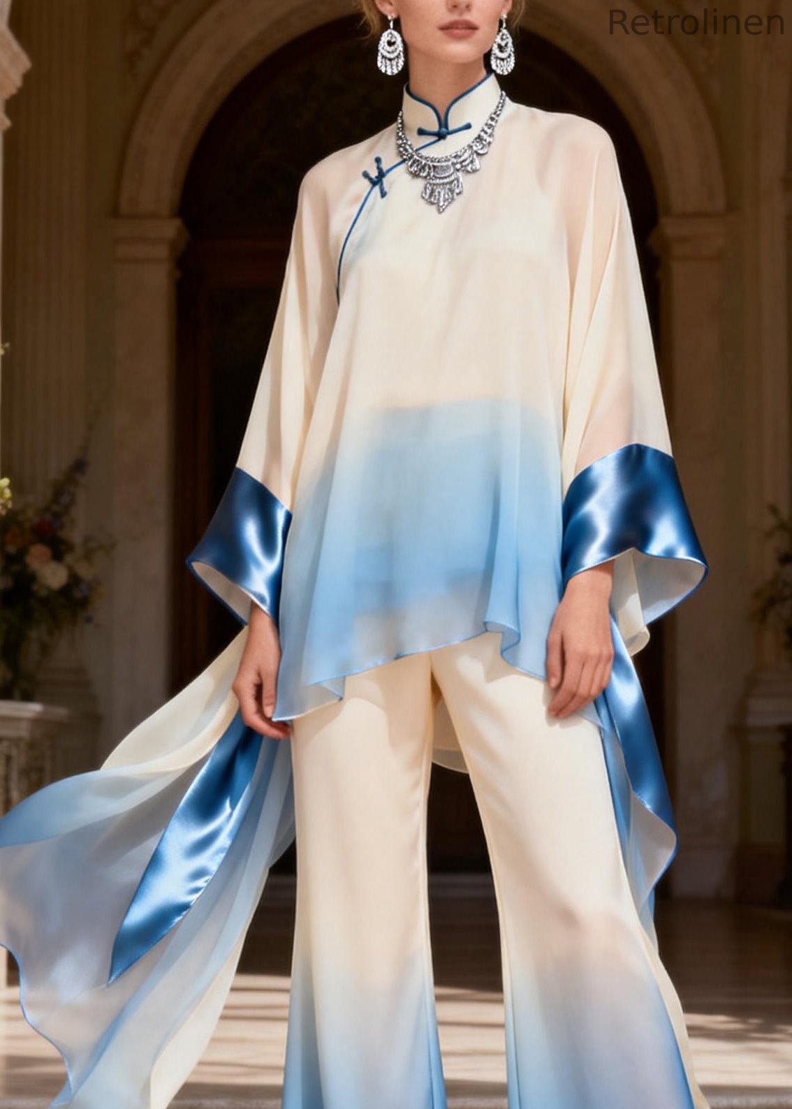 Original Design Stand Collar Patchwork Silk Two Pieces Set Spring
