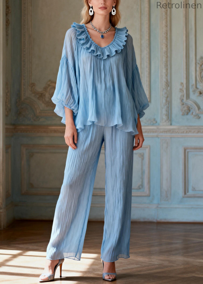Light Blue O-neck Love Heart Ruffled Two Pieces Set Lantern Sleeve
