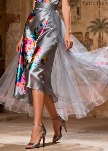 Grey Patchwork Tulle Print Cami Dress Summer