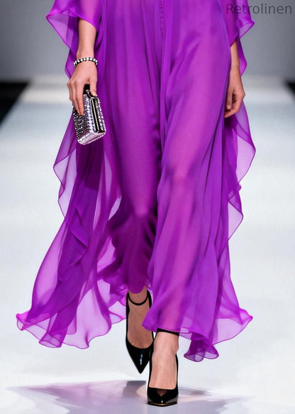 Purple V Neck Zircon Draping Chiffon Dresses Summer