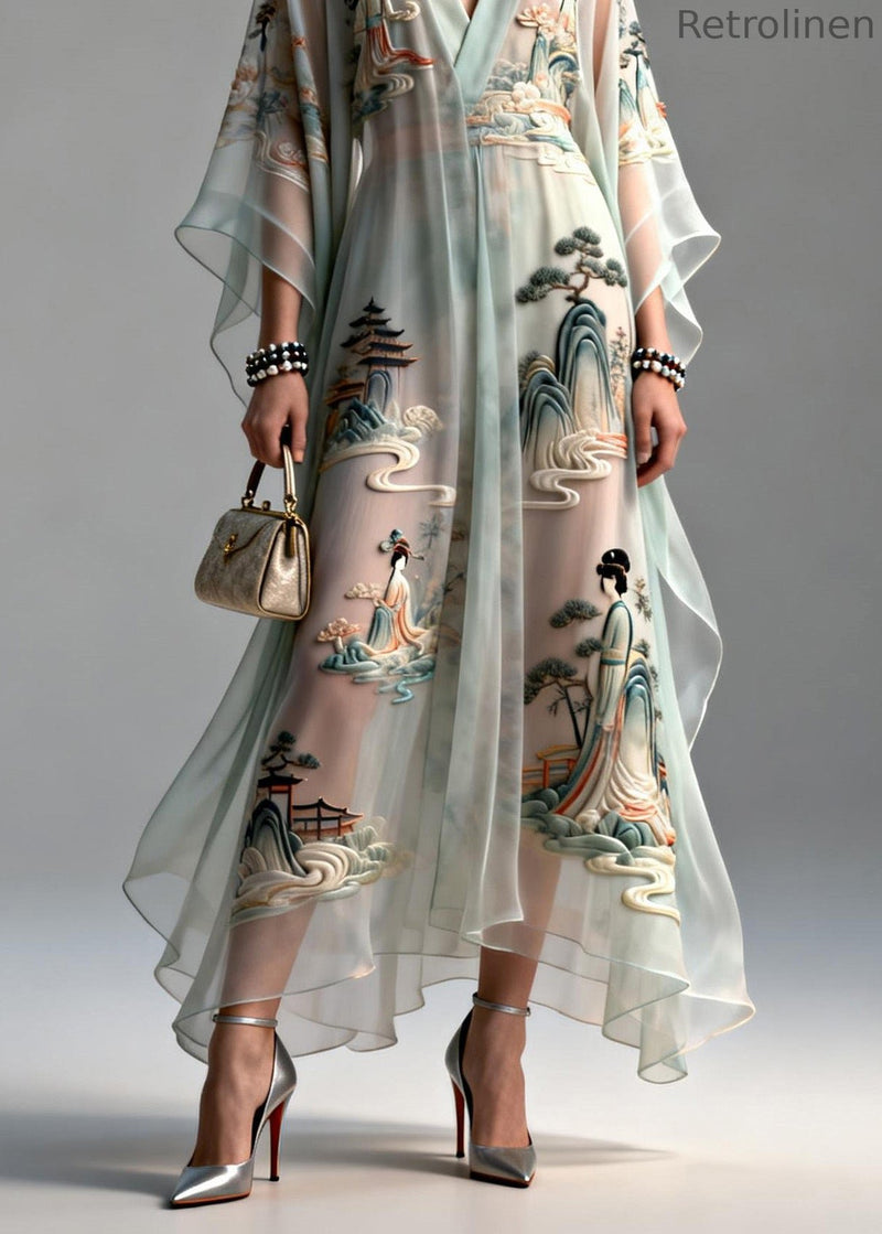 V Neck Asymmetrical Design Print Chiffon Dress Summer