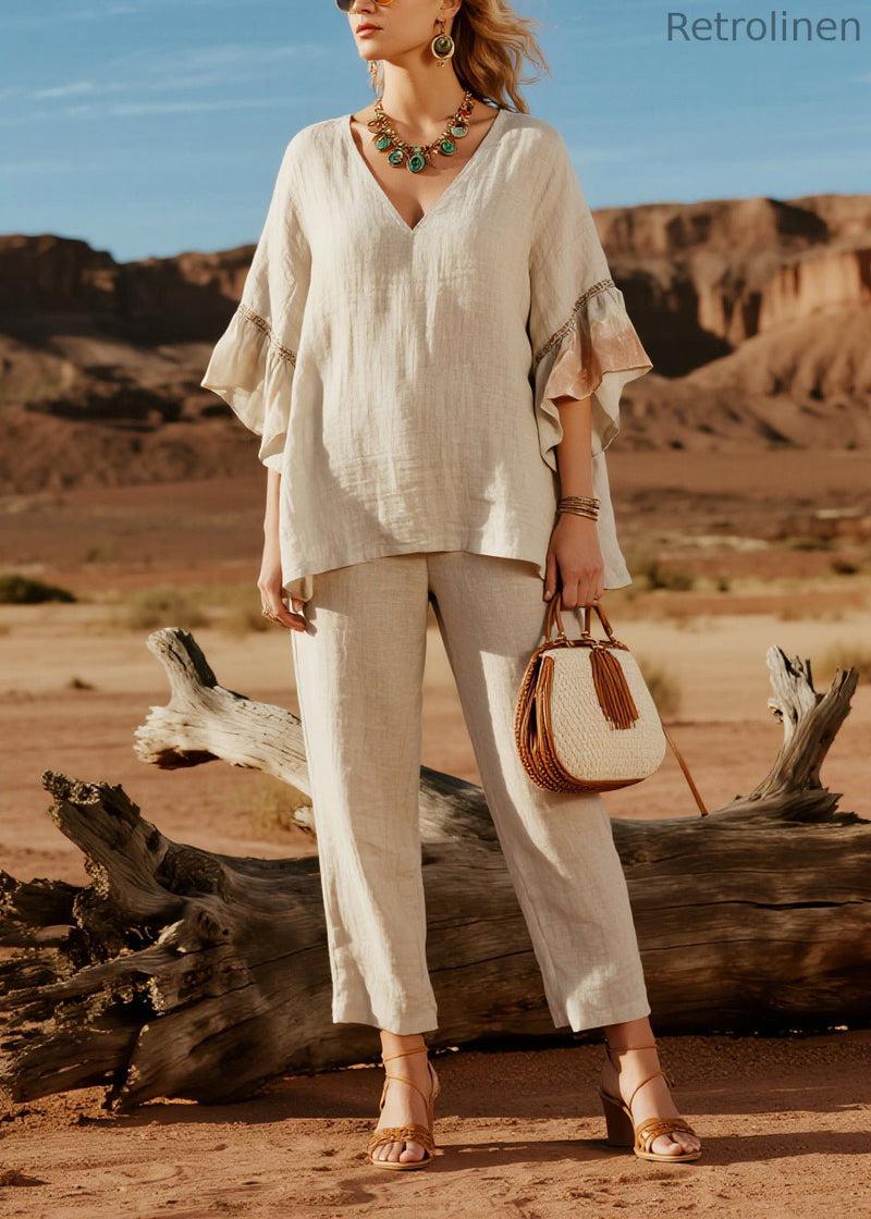 Simple Beige V Neck Patchwork Linen Two Pieces Set Butterfly Sleeve