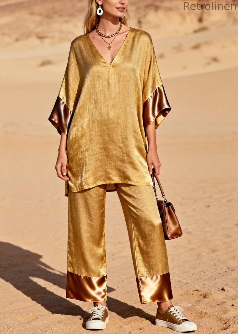 Style Gold V Neck Silk Patchwork Linen 2 Piece Outfit Summer