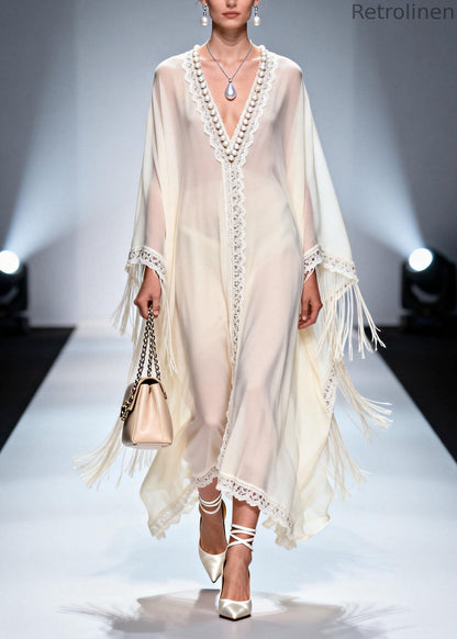 V Neck Tassel Nail Bead Patchwork Chiffon Dress Summer