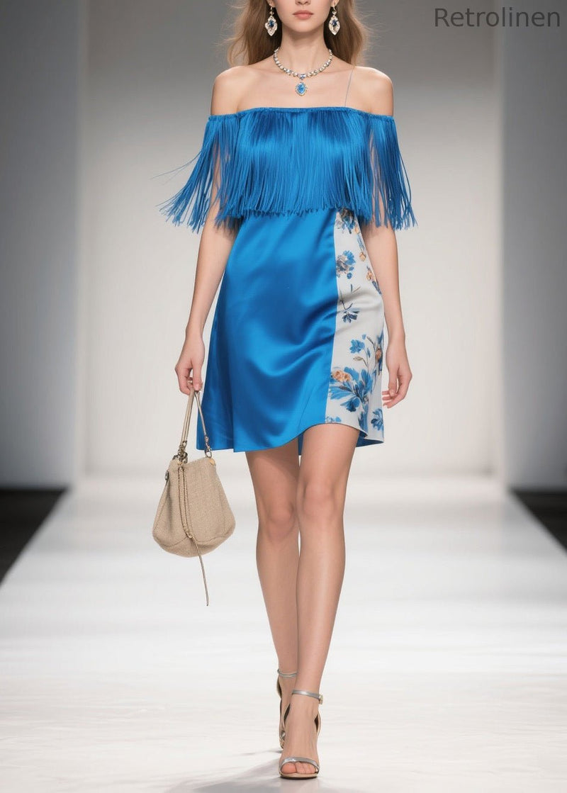 Cold Shoulder Print Tassel Silk Mid Dress Summer