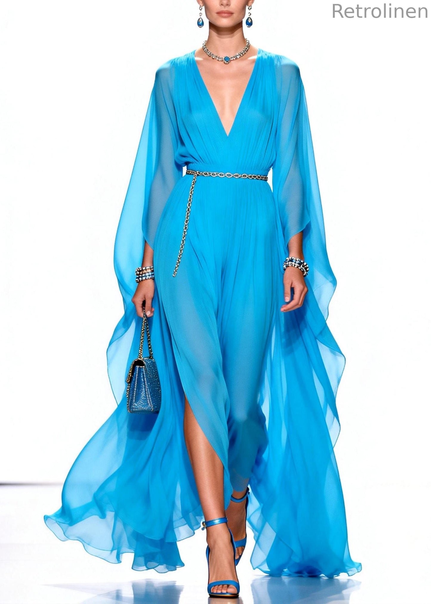 Stylish Blue V Neck Draping Chiffon Maxi Dresses Summer