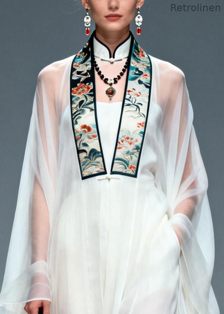 White Mandarin Collar Chiffon Sheer Dress Two Piece Set Summer