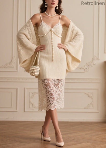 Beige Patchwork Fine Pearl Knit Two Piece Set Clothing Spring