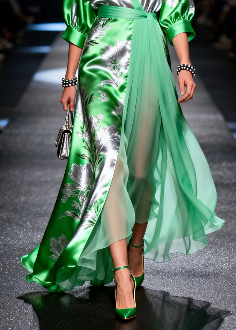 Fine Grass Green Jacquard Patchwork Low High Design Chiffon Maxi Dress Summer