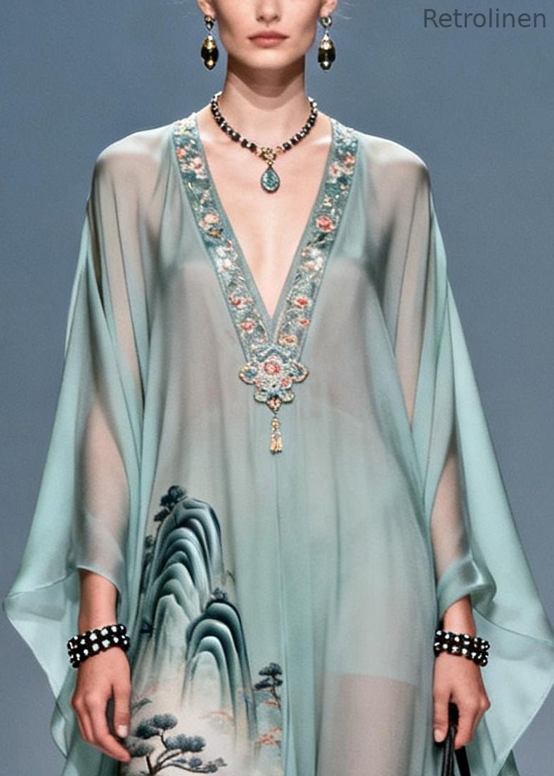 Fine Blue V Neck Print Chiffon Long Dresses Summer
