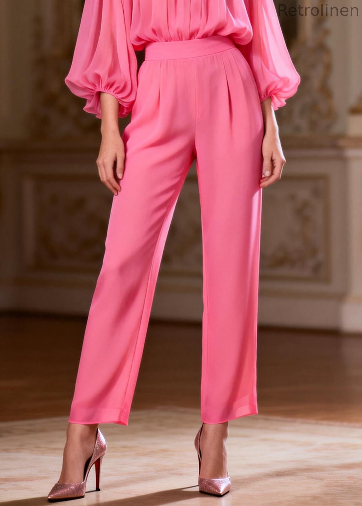 Loose Pink Ruffled High Waist Two-piece Set Spring