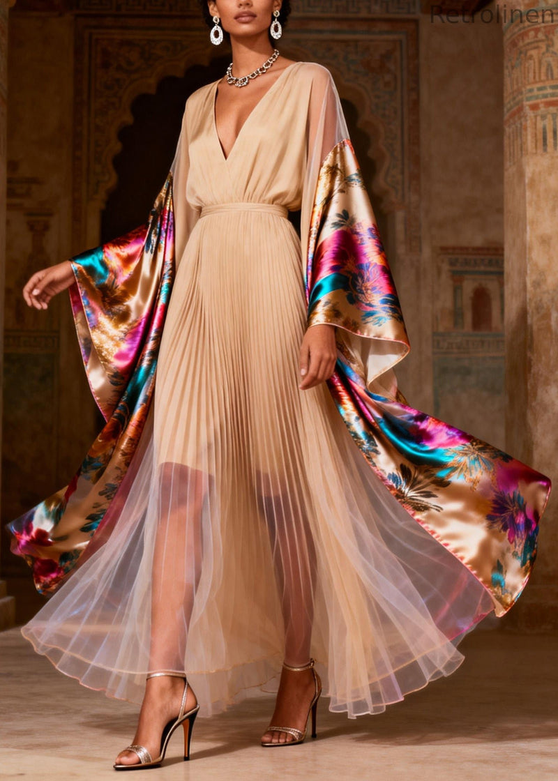 V Neck Print Wrinkled Patchwork Silk Dress Spring