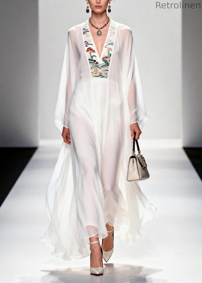 French White V Neck Print Chiffon Long Dresses Summer