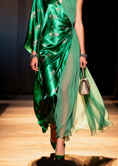 V Neck Asymmetrical Design Print Silk Long Dresses Summer