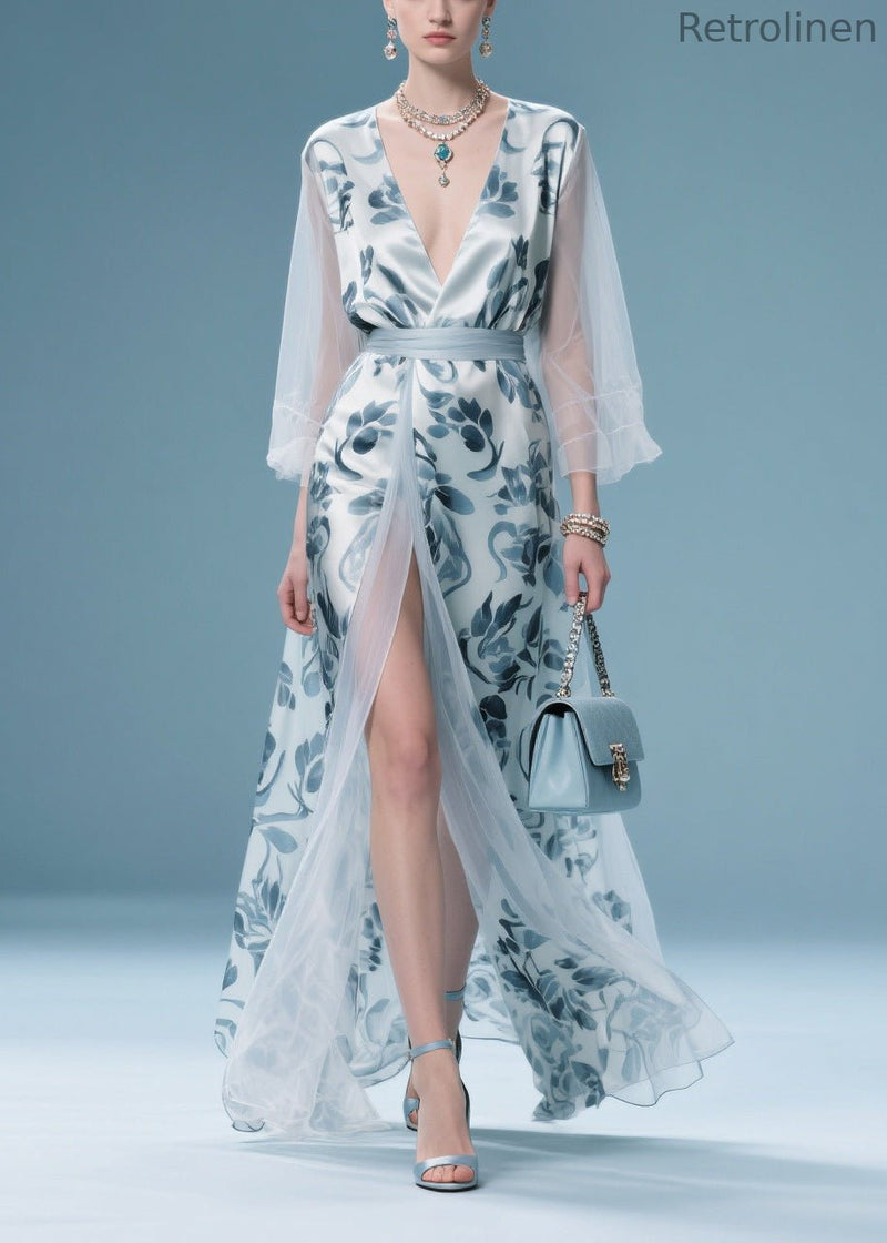 Italian Light Blue Print Patchwork Tulle Maxi Dress Summer