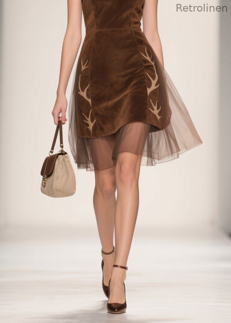 Italian V Neck Tulle Patchwork Velour Dresses Sleeveless