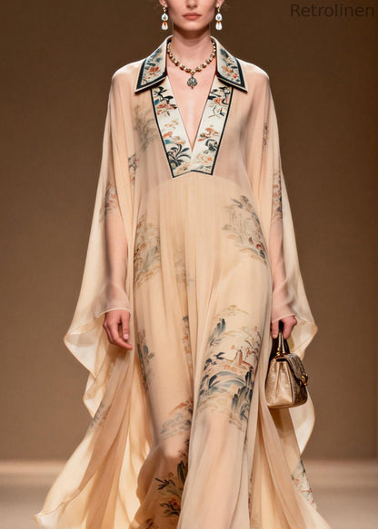 V Neck Print Wrinkled Chiffon Dress Spring