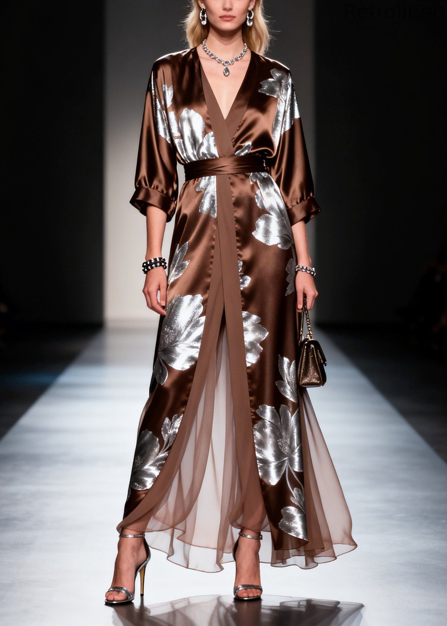 Fitted Chocolate Print Patchwork Silk Long Dress Summer