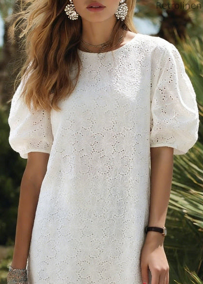 White O Neck Hollow Out Cotton Dress Puff Sleeve