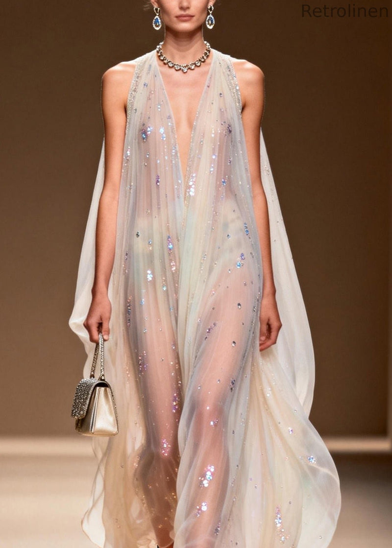 Simple V Neck Zircon Patchwork Chiffon Long Dress Sleeveless