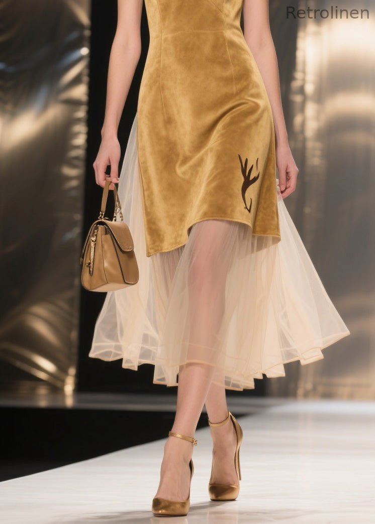 Yellow V Neck Tulle Patchwork Velvet Dresses Sleeveless