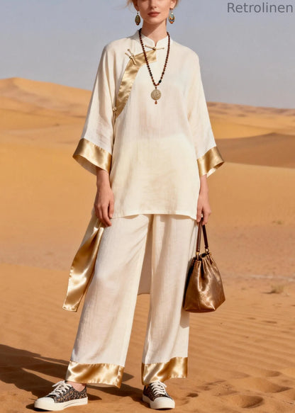 Beige Low High Design Silk Patchwork Two-piece Set Chinese Button Spring