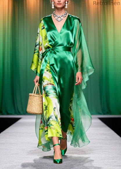 French Green V Neck Print Patchwork Chiffon Long Dresses Spring