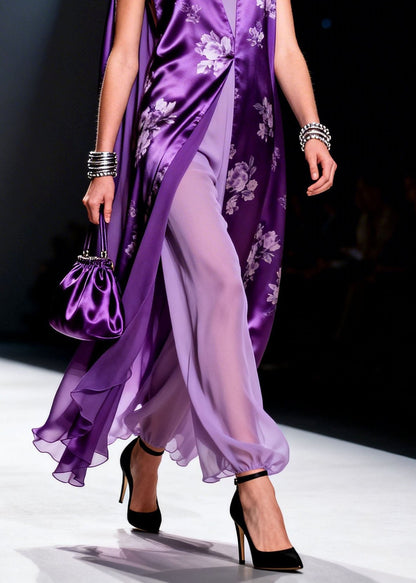 Purple V Neck Print Chiffon Two Piece Suit Set Summer