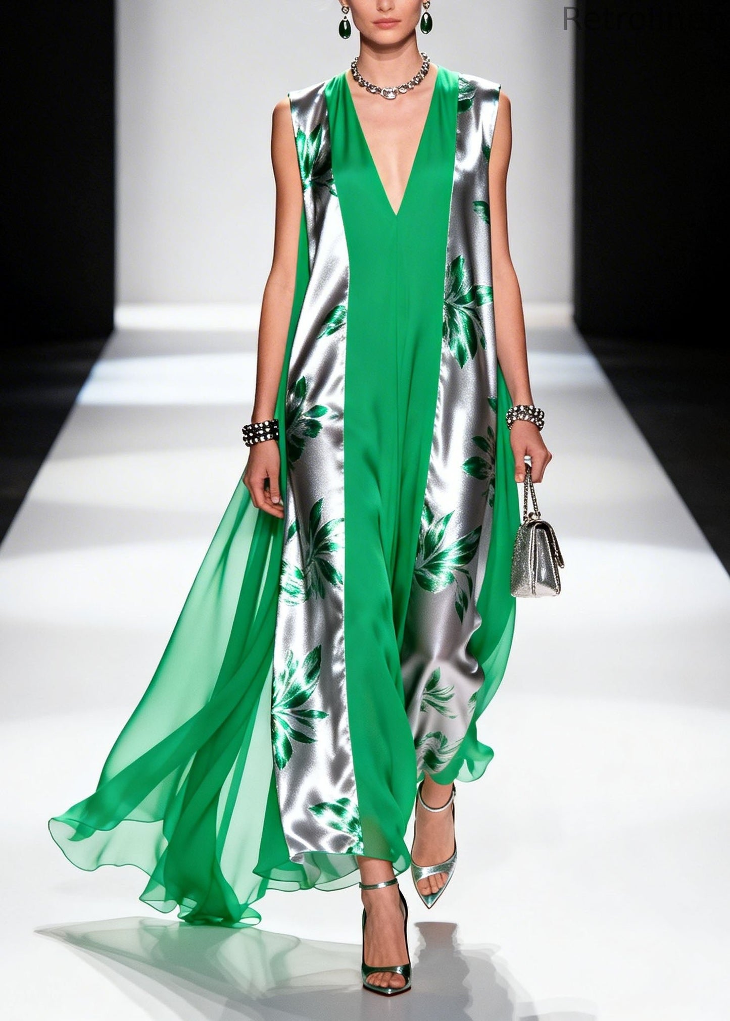 Colorblock V Neck Print Patchwork Silk Robe Dresses Summer