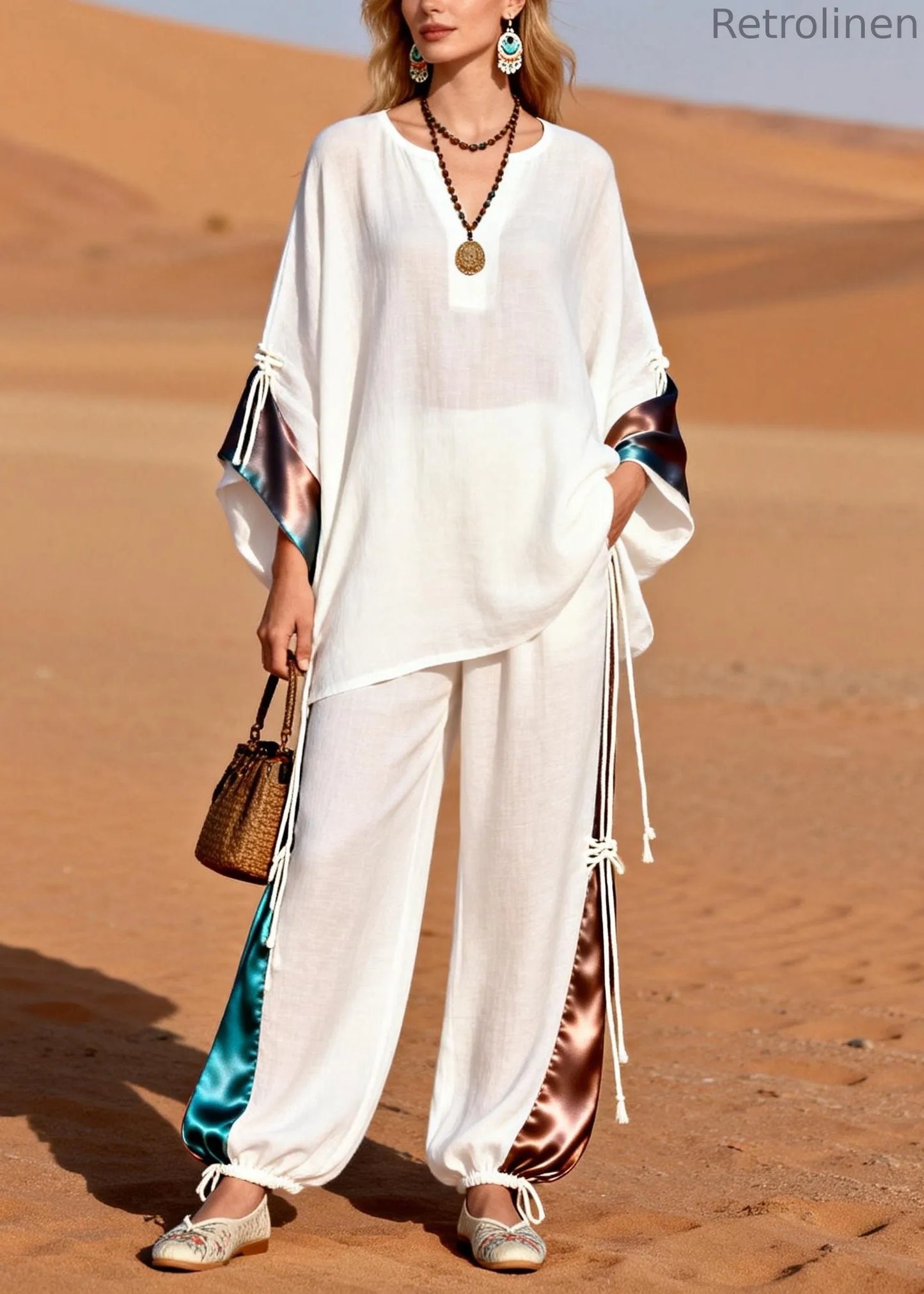 French White V Neck Drawstring Silk Patchwork Two Piece Set Spring