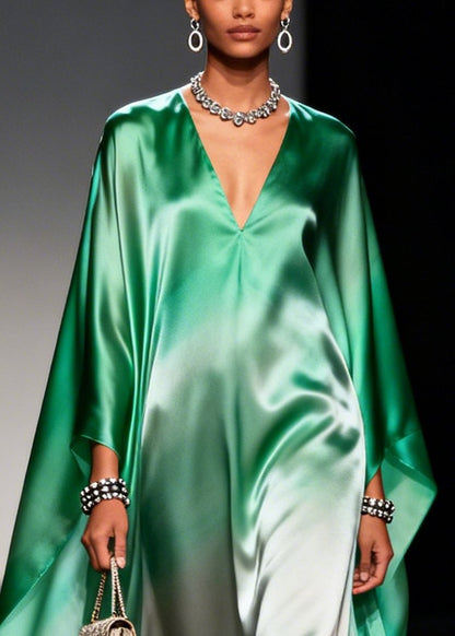Gradient Green Oversized Chiffon Maxi Dress Batwing Sleeve