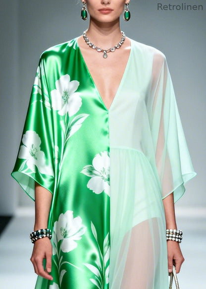 Green Asymmetrical Patchwork Chiffon Maxi Dresses Summer